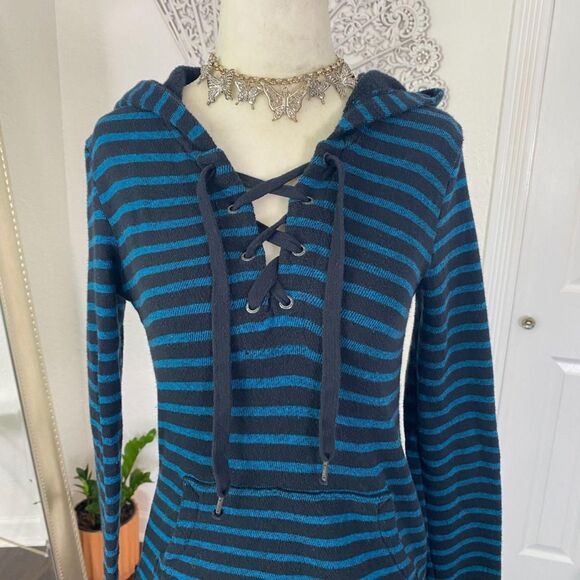 Roxy Early 2000's Whimsygoth Grunge Black Blue Striped Hoodie Long Sleeve XS - Picture 2 of 8